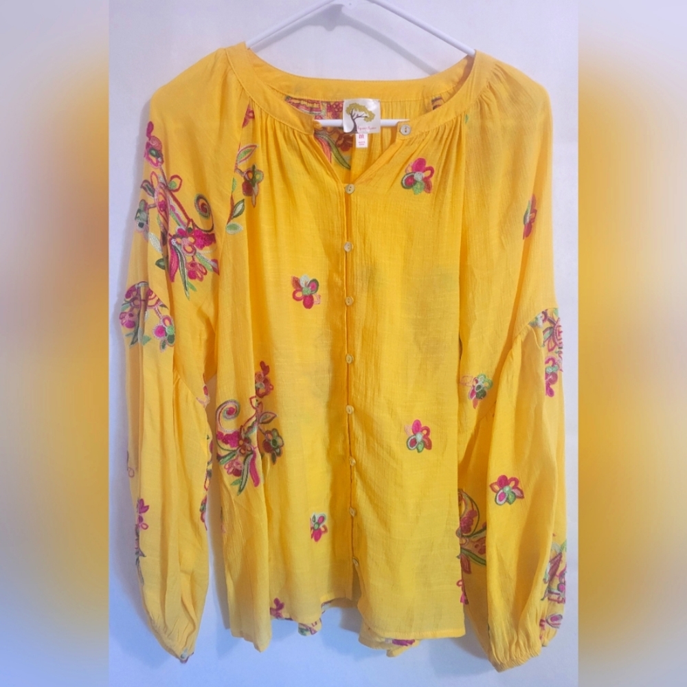 Fig & Flower Bohemian Embroidered Floral Large Tunic Top Yellow Size M